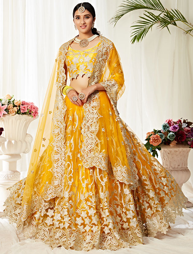 Buy Myra Musturd Yellow Heavy Embroidered Net bridal Lehenga Online at Best  Price | Distacart