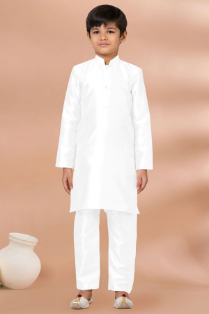 White Banarasi Dupion Silk Kids Kurta Set
