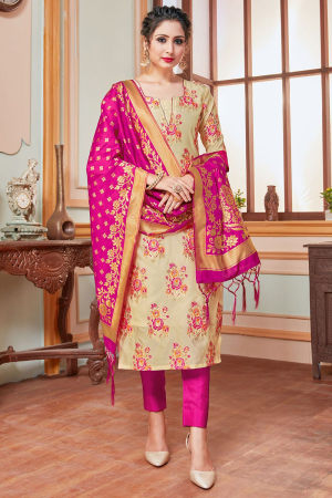 Beige Banarasi Silk Readymade Pant Kameez