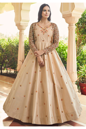 Beige Embroidered Cotton Flared Gown