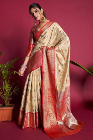 Beige Woven Silk Saree for Wedding