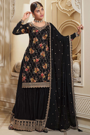 Black Digital Floral Printed Embroidered Sharara Suit Set