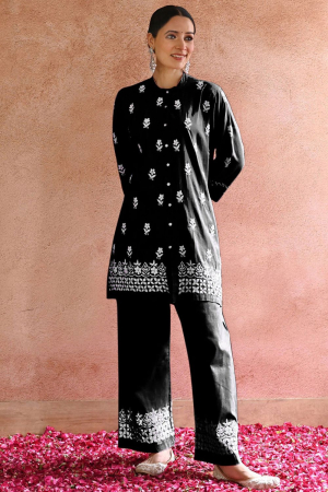 Black Embroidered Rayon Co-Ord Set