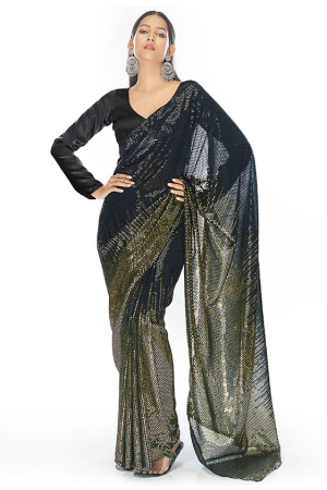 Hayaat Black Designer Sequin Georgette Drape Saree Online