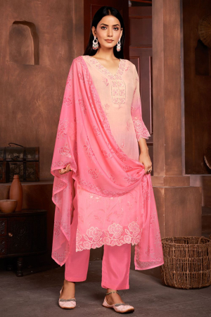 Blush Peach and Cherry Pink Pure Organza Readymade Pant Kameez