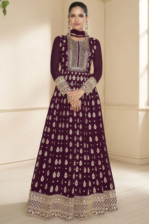 Burgundy Embroidered Faux Georgette Gown with Dupatta