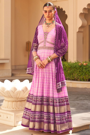 Carnation Pink Designer Silk Gown with Net Dupatta