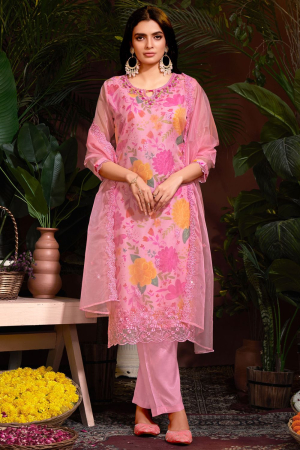 Carnation Pink Embroidered Organza Readymade Pant Kameez