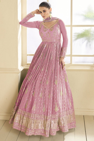Carnation Pink Embroidered Viscose Jacquard Gown with Dupatta