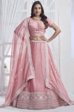 Carnation Pink Organza Designer Lehenga Choli for Wedding