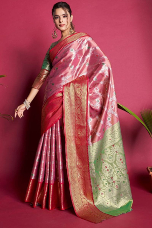 Carnation Pink Woven Silk Saree for Ceremonial