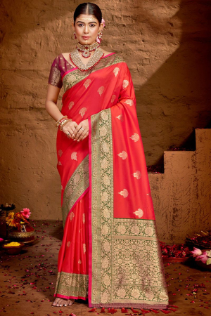 Carrot Red Woven Silk Saree for Wedding