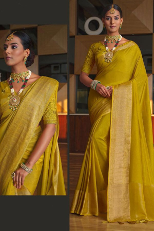Chartreuse Yellow Silk Saree with Embroidered Blouse