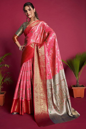 Cherry Pink Woven Silk Saree for Wedding