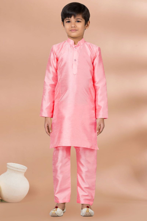 Coral Pink Banarasi Dupion Silk Kids Kurta Set