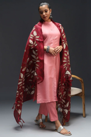 Coral Pink Cotton Silk Blend Readymade Suit