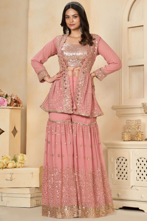 Coral Pink Embroidered Faux Georgette IndoWestern