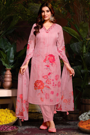 Coral Pink Embroidered Organza Readymade Pant Kameez