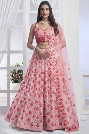 Coral Pink Net Designer Lehenga Choli for Wedding