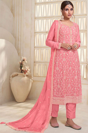 Coral Pink White Thread Embroidered Kurta Suit Set