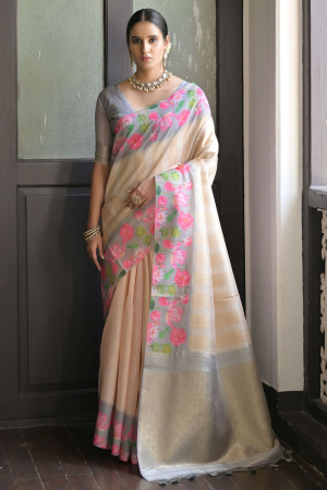 Cream Banarasi Silk Zari Woven Saree