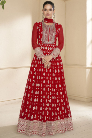 Crimson Red Embroidered Faux Georgette Gown with Dupatta