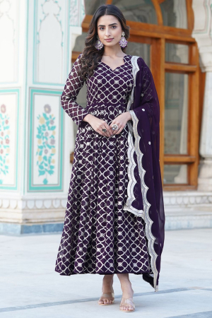 Eggplant Embroidered Faux Georgette Gown with Dupatta