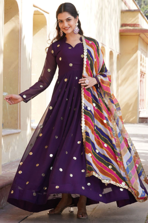 Eggplant Flared Faux Georgette Gown with Dupatta