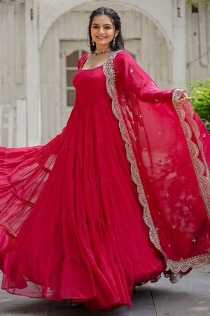 Gajari Pink Embroidered Faux Georgette Gown with Dupatta