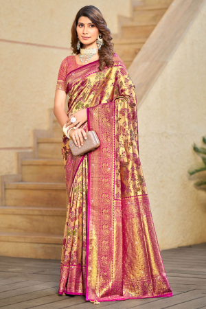 Golden and Magenta Silk Zari Woven Saree