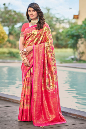 Golden and Rani Pink Silk Zari Woven Saree