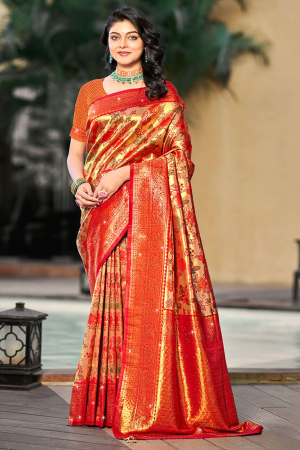 Golden and Red Silk Zari Woven Saree