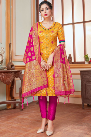 Golden Yellow Banarasi Silk Readymade Pant Kameez