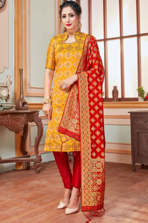 Golden Yellow Banarasi Silk Readymade Pant Kameez