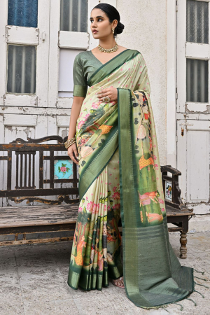 Green Soft Tussar Silk Zari Woven Saree