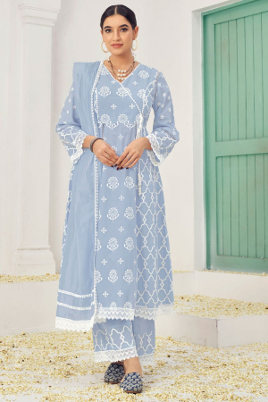 Grey Cotton Embroidered Palazzo Kameez Suit