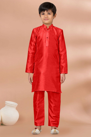 Hot Red Banarasi Dupion Silk Kids Kurta Set