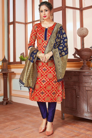 Hot Red Banarasi Silk Readymade Pant Kameez