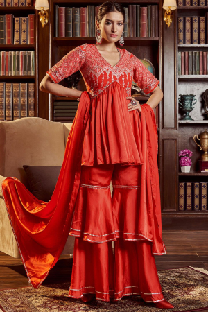 Hot Red Embroidered Cotton Readymade Sarara Kameez