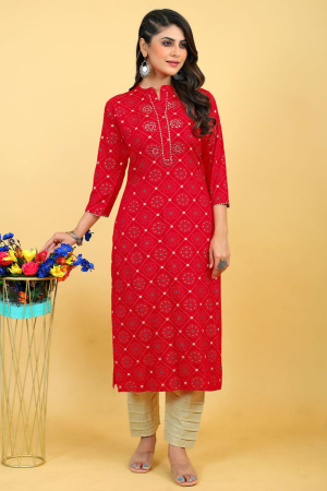 Hot Red Embroidered Rayon Kurti