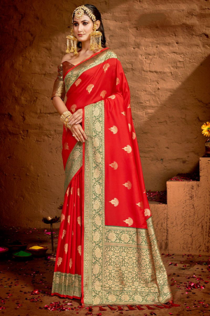 Hot Red Woven Silk Saree for Wedding