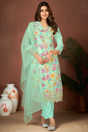 Ice Mint Embroidered Organza Readymade Pant Kameez