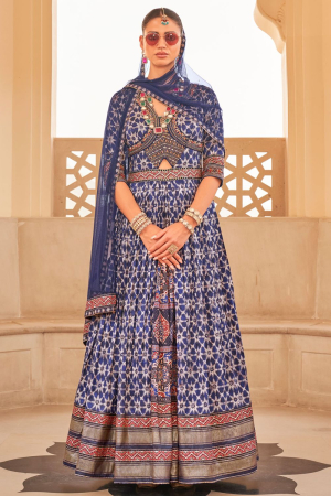 Indigo Designer Silk Gown with Net Dupatta