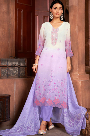 Lavender and White Pure Organza Readymade Pant Kameez