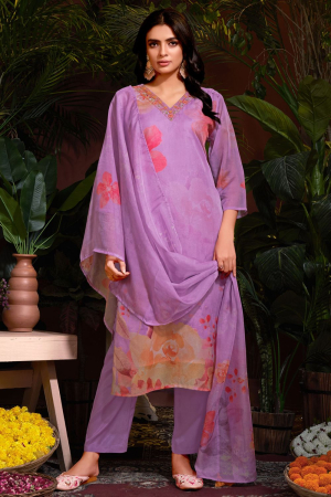 Lavender Pink Embroidered Organza Readymade Pant Kameez