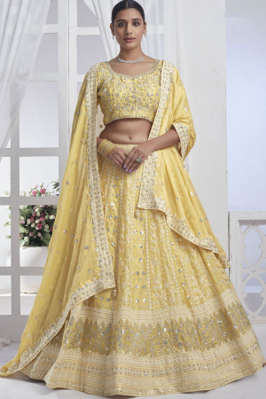 Lemon Yellow Chiffon Designer Lehenga Choli for Wedding