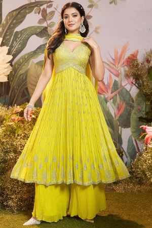 Lemon Yellow Georgette Designer Sarara Kameez Suit