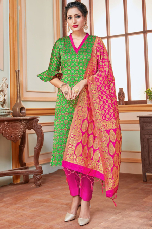 Lime Green Banarasi Silk Readymade Pant Kameez
