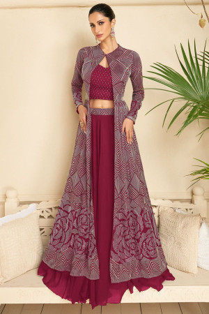Fashionable Pink Net Readymade Indowestern Gown 3FD3759012