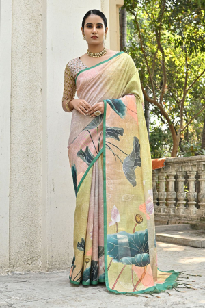 Mahendi Green Cotton Silk Floral Printed Saree